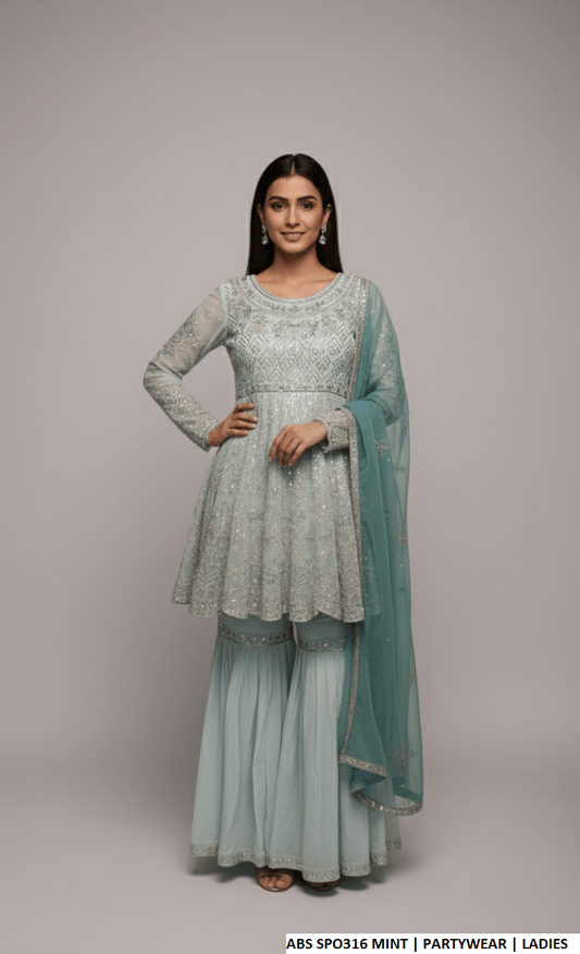Chiffon straight shirt plazo mint - Pakistani women's party wear with grip plazo and organza dupatta front view