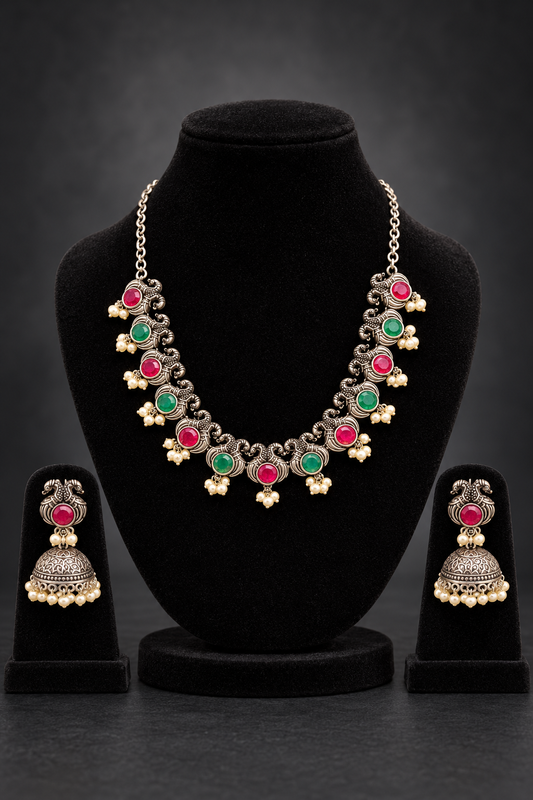 JW130 – Red & Green Peacock Necklace & Jhumka Set