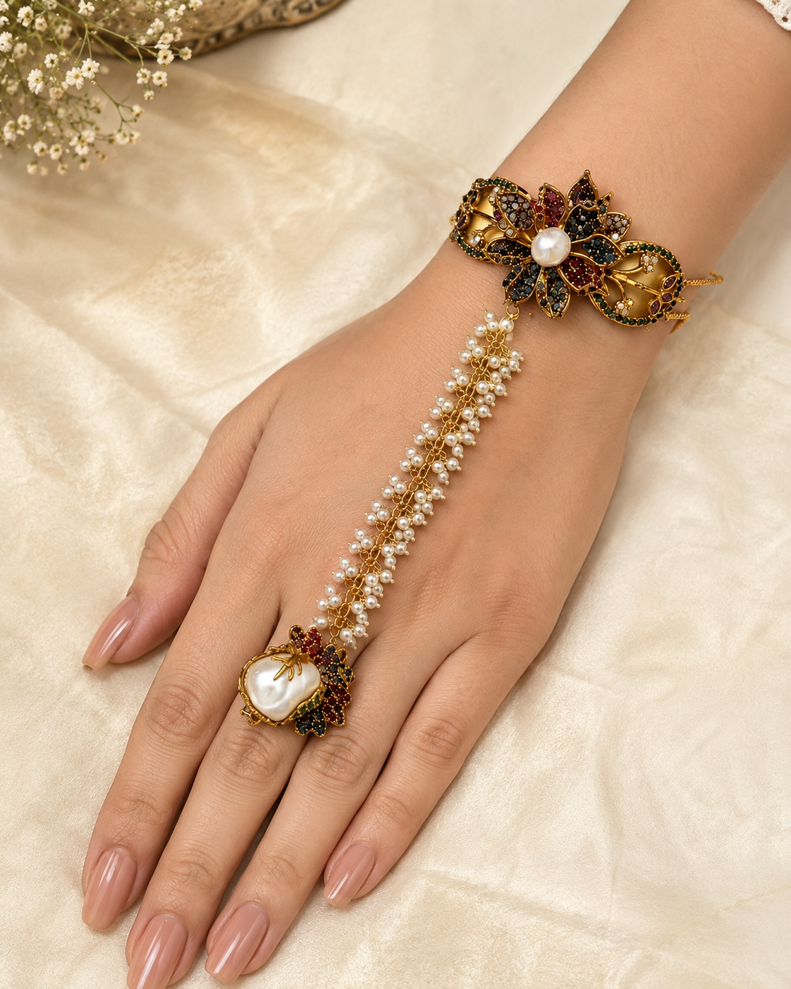 JW155 – Traditional Pearl Haath Phool Hand Jewellery