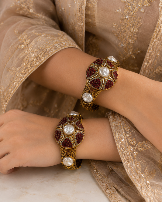 JW209 – Antique Gold Ruby & Pearl Statement Bangles - Pair