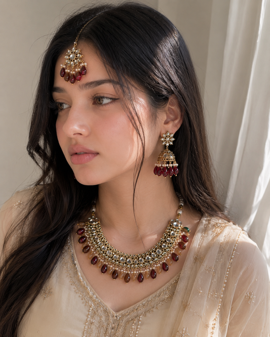 JW239 – Maroon Kundan Pearl Choker Jewellery Set