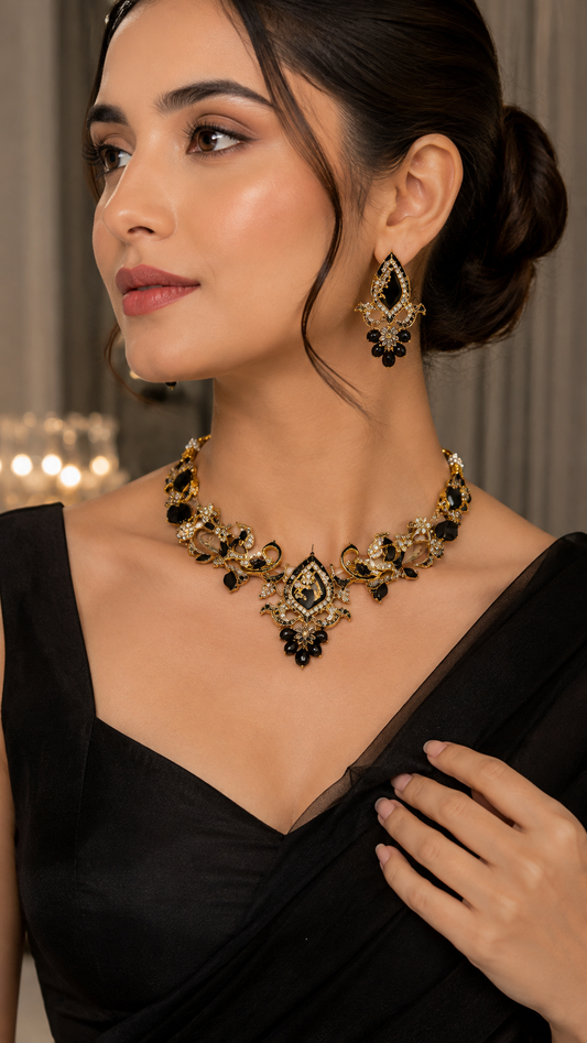 JW250 – Black & Gold Crystal Choker Necklace Set