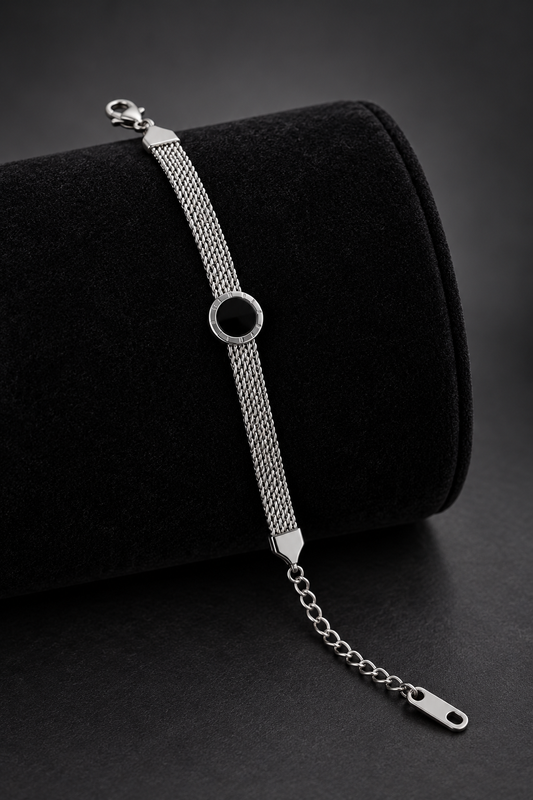 JW25 – Black Medallion Silver-Tone Mesh Bracelet