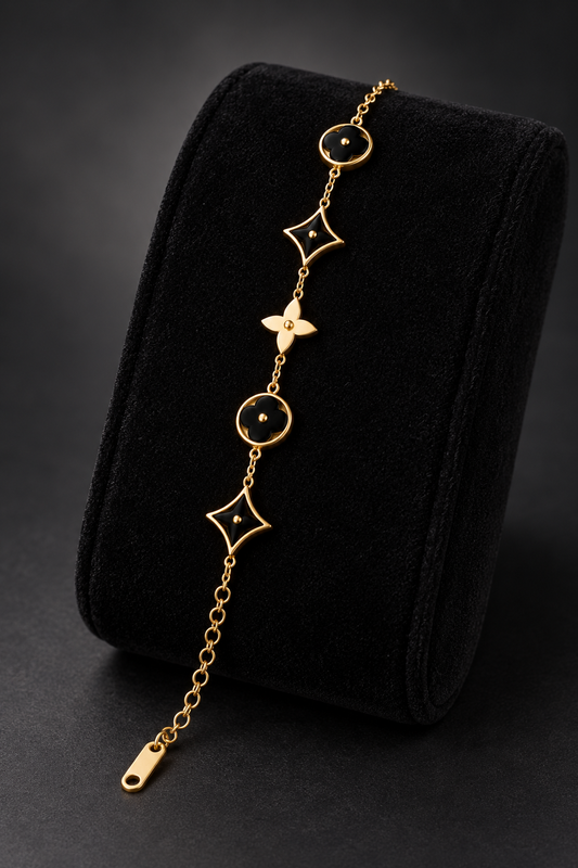 JW29 – Black Floral & Geometric Gold-Tone Bracelet