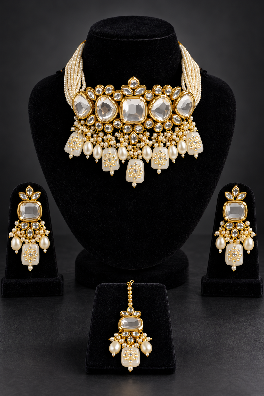 JW294 – Ivory & Clear Kundan Choker Jewellery Set