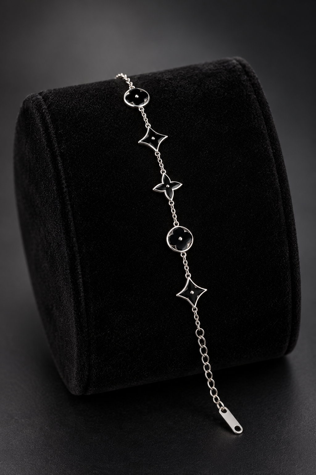 JW29 – Black Floral & Geometric Silver-Tone Bracelet