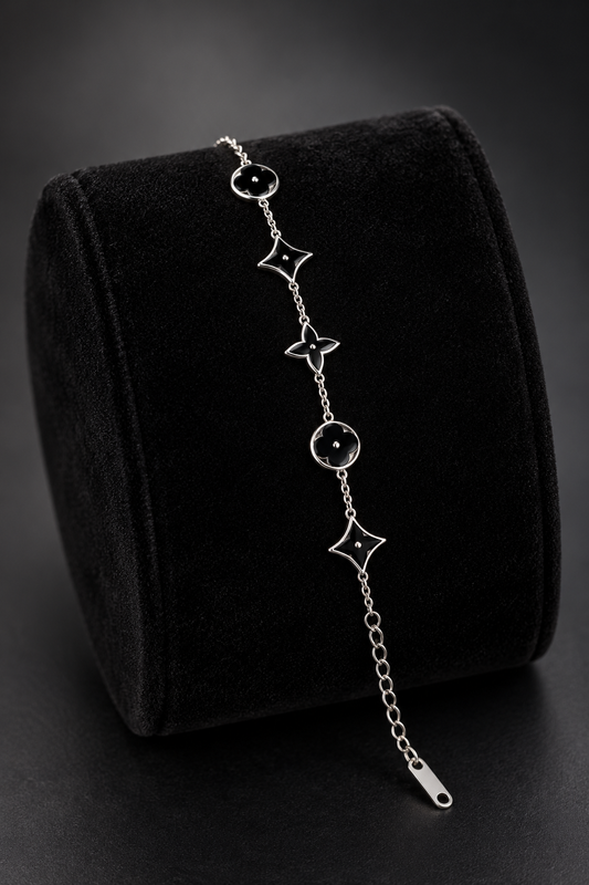 JW29 – Black Floral & Geometric Silver-Tone Bracelet