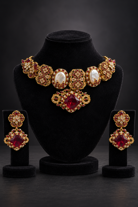 JW350 – Ruby-Red & Ivory Gold-Tone Choker Set
