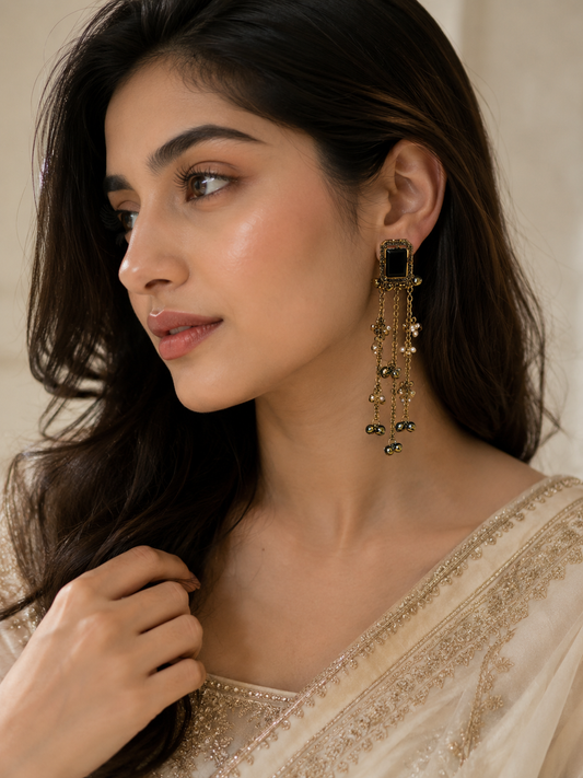 JW85 – Black Stone Gold Chain Drop Earrings