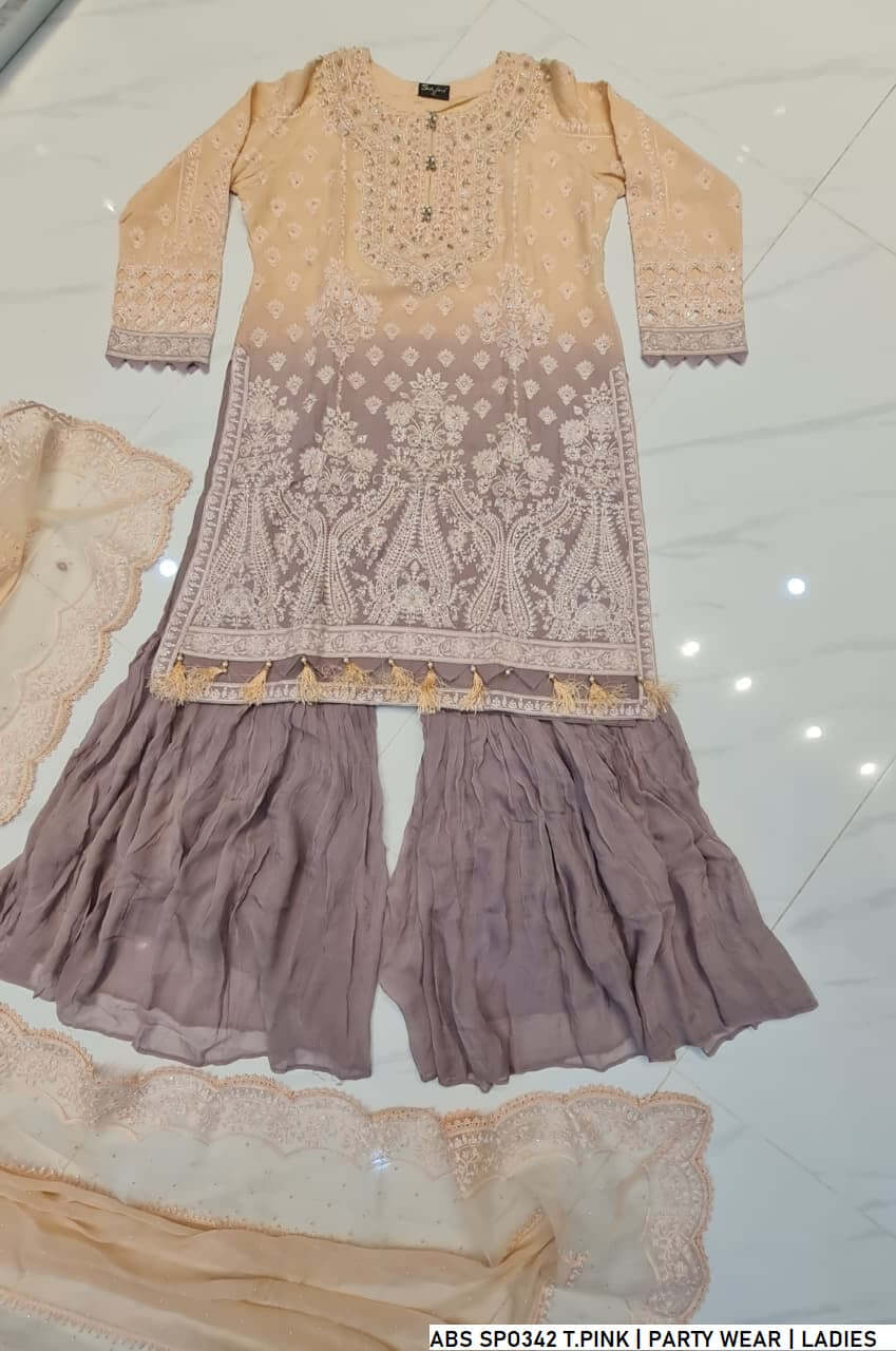 Pakistani women's tea pink chiffon shirt garara back view