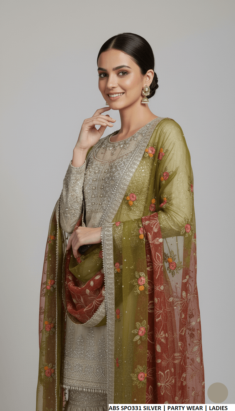 Silver chiffon Pakistani women's straight shirt with plazo side view