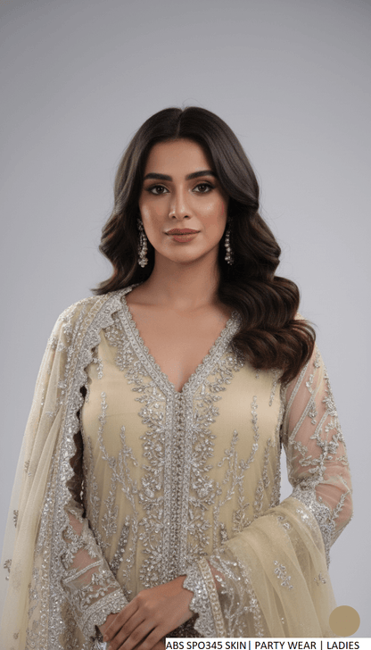 Skin organza Pakistani women's open short gown with plazo side view