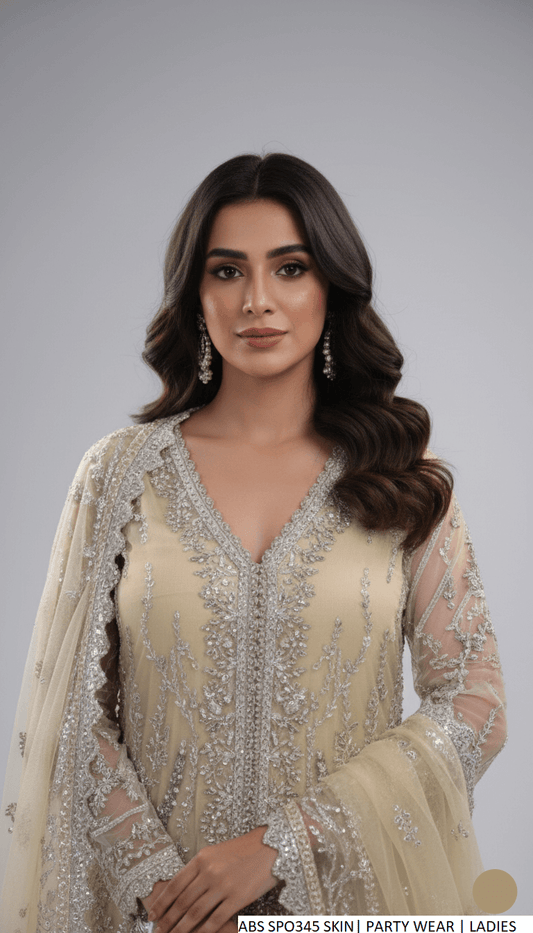 Skin organza Pakistani women's open short gown with plazo side view