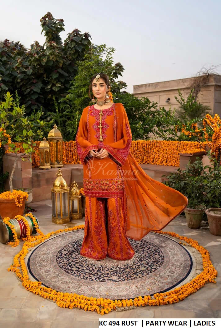 Silk long A-Line shirt plazo rust - Pakistani women's luxury formal wear with silk dupatta front view