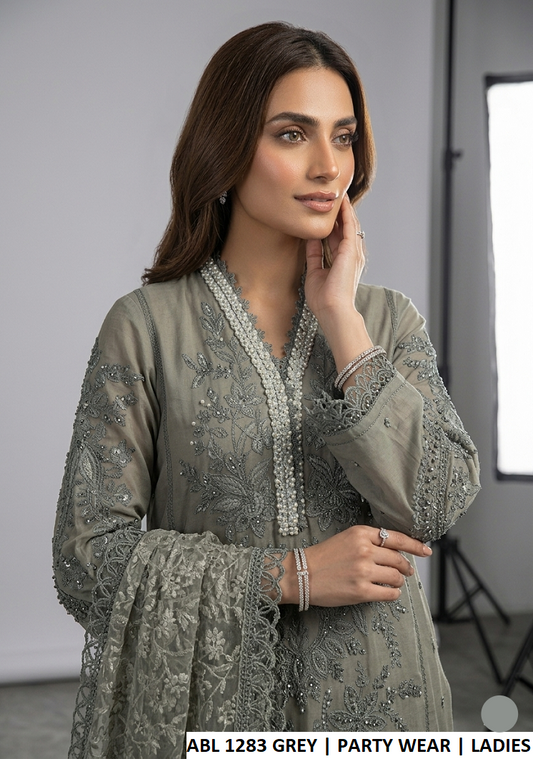 ABL 1283 GRAY - Grey Net Straight Shirt Plazo Set with Soft Net Dupatta | Women's 3-Piece Suit