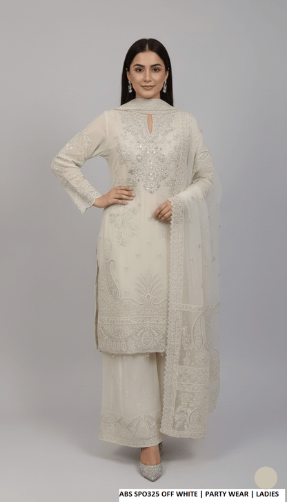 Chiffon straight shirt plazo off white - Pakistani women's party wear with grip plazo and organza dupatta front view
