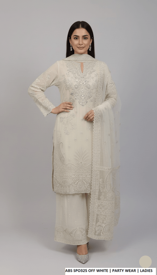 Chiffon straight shirt plazo off white - Pakistani women's party wear with grip plazo and organza dupatta front view