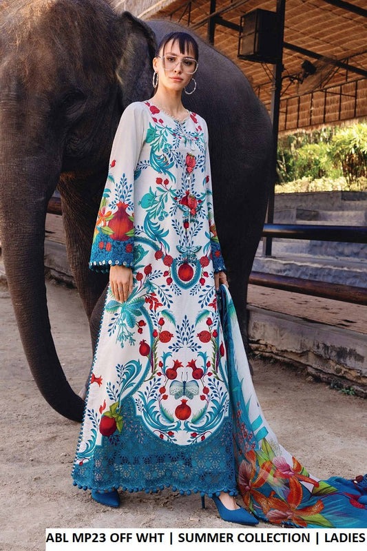 Poly lawn A-Line shirt off white - Pakistani women's casual summer outfit with digital print silk dupatta front view