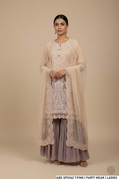 Chiffon shirt garara tea pink - Pakistani women's festive party wear with chiffon dupatta front view