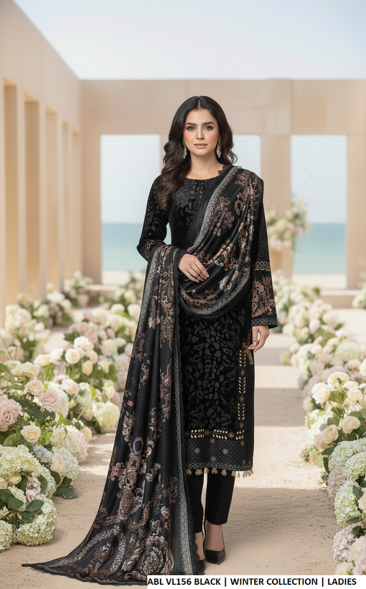 Velvet straight shirt black - Pakistani women's winter formal wear with grip trouser and digital silk dupatta front view