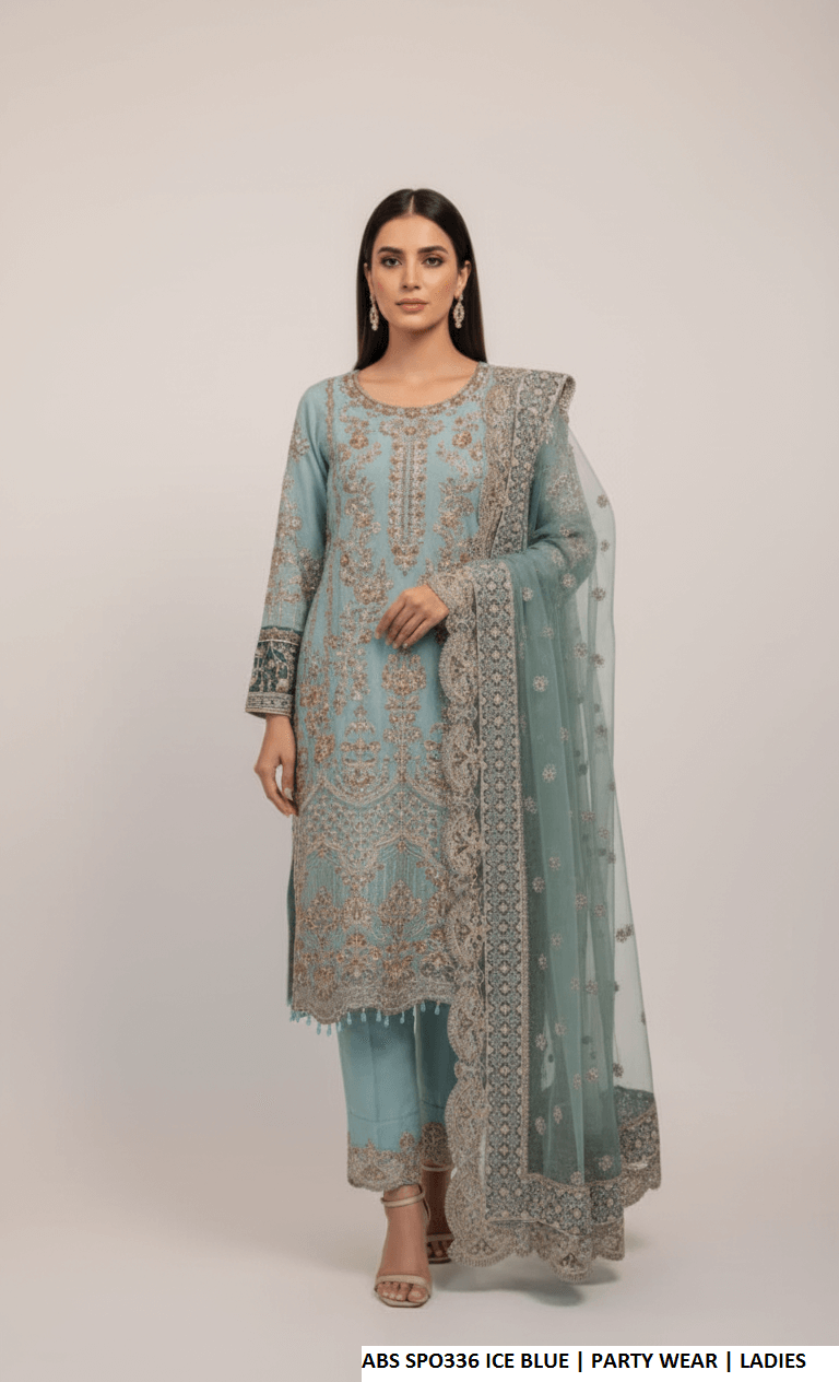Chiffon straight shirt plazo ice blue - Pakistani women's party wear with grip plazo and organza dupatta front view