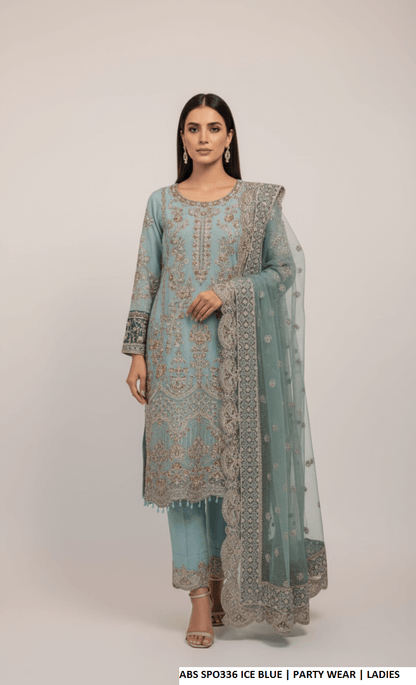 Chiffon straight shirt plazo ice blue - Pakistani women's party wear with grip plazo and organza dupatta front view