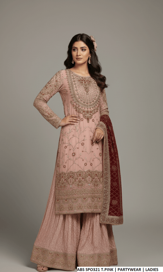 Chiffon straight shirt plazo tea pink - Pakistani women's party wear with grip plazo and organza dupatta front view