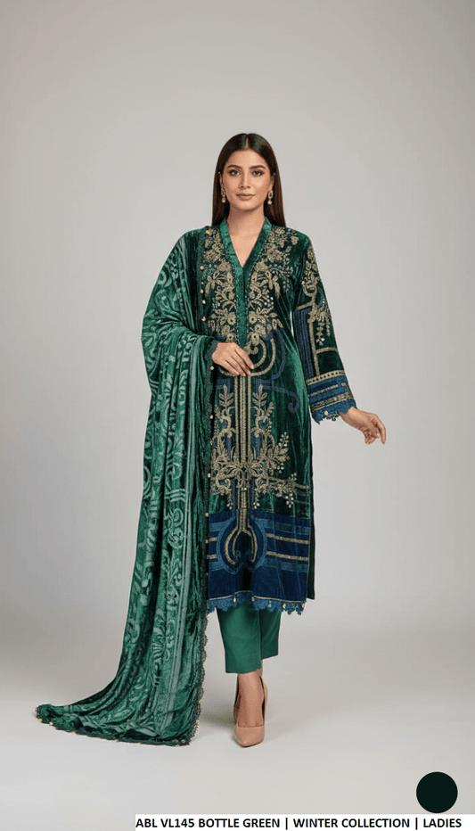 Velvet A-Line shirt bottle green - Pakistani women's winter formal wear with viscose trouser and palachi shawl front view