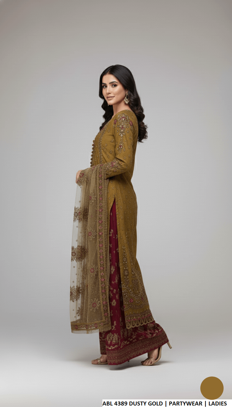 Dusty gold chiffon Pakistani women's shirt with plazo side view