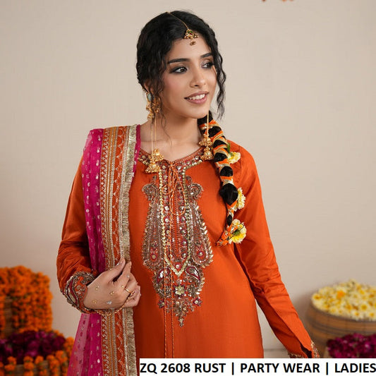 ZQ 2608 RUST - Rust Raw Silk Straight 3-Piece Women's Pakistani Suit
