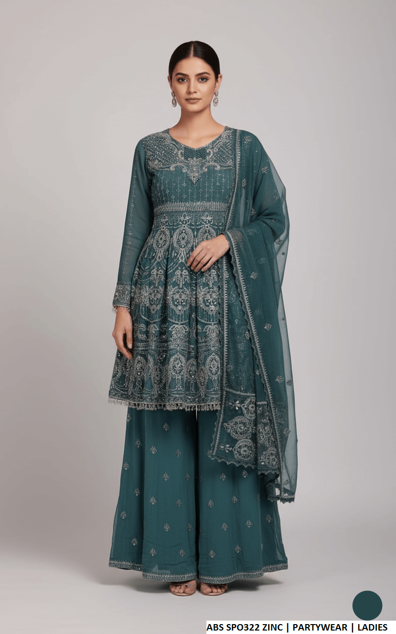 Chiffon straight shirt plazo zinc grey - Pakistani women's party wear with grip plazo and organza dupatta front view