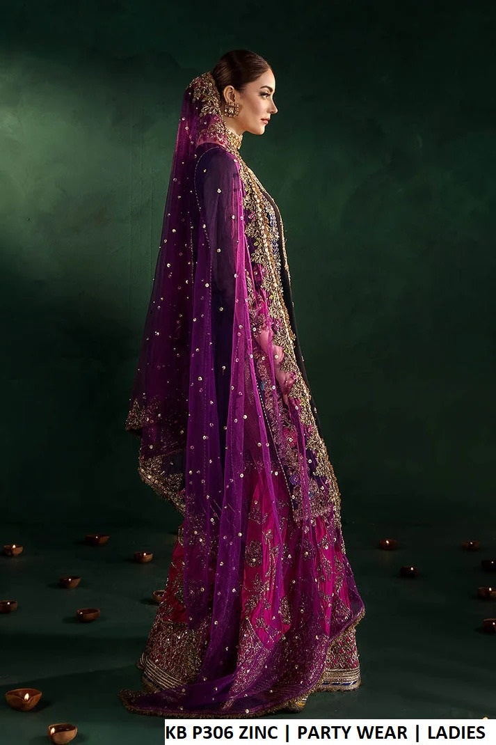 Pakistani women's zinc grey crinkle chiffon sharara outfit detail view