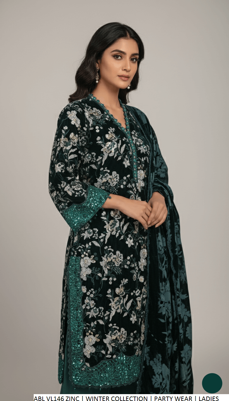 Pakistani women's zinc grey velvet A-Line shirt detail view