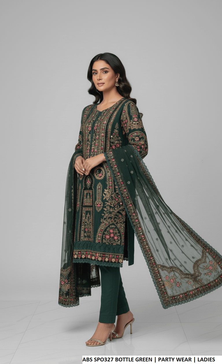 Pakistani women's bottle green chiffon straight shirt plazo back view