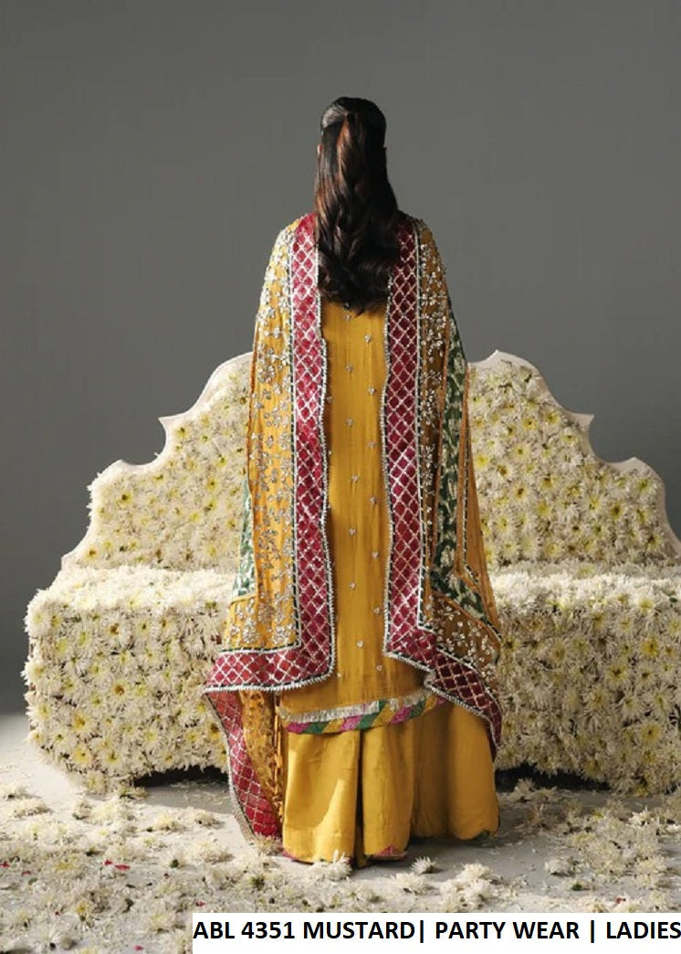 Pakistani women's mustard chiffon straight shirt plazo back view