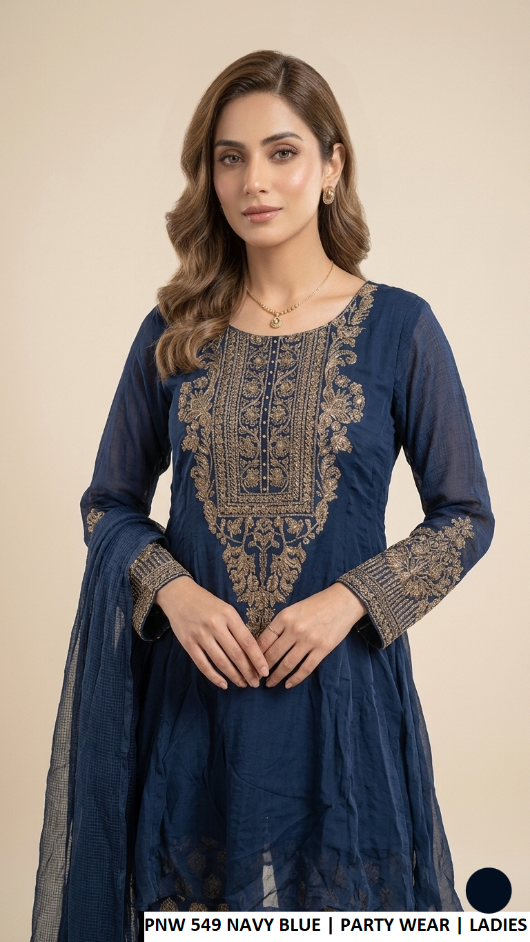 Navy blue chiffon Pakistani women's short frock side view