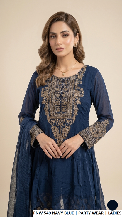 Navy blue chiffon Pakistani women's short frock side view