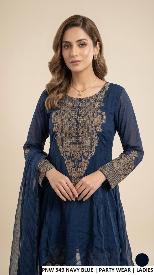 Navy blue chiffon Pakistani women's short frock side view