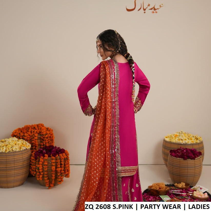 ZQ 2608 SHOCKING PINK - Shocking Pink Raw Silk 3-Piece Women's Pakistani Suit