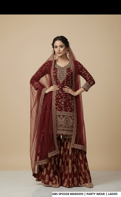Chiffon straight shirt plazo maroon - Pakistani women's party wear with grip plazo and organza dupatta front view