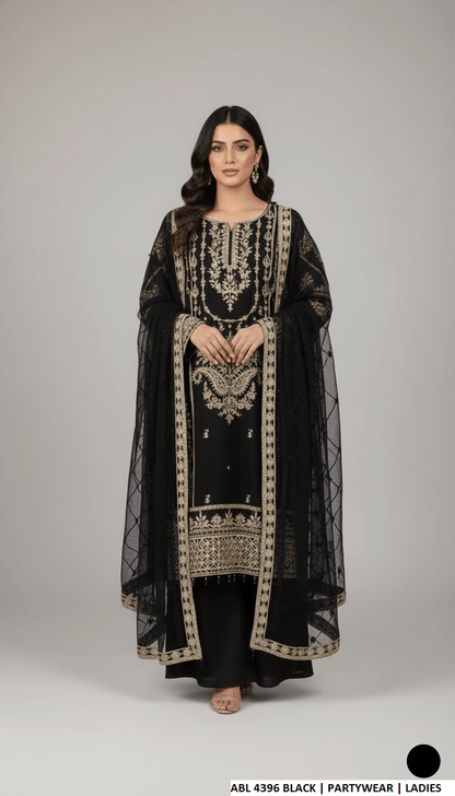 Chiffon straight shirt black - Pakistani women's elegant formal wear with viscose trouser and organza dupatta front view