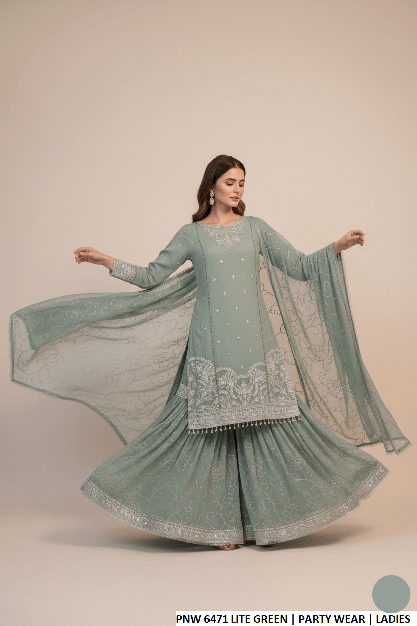 Pakistani women's light green chiffon short shirt sharara back view