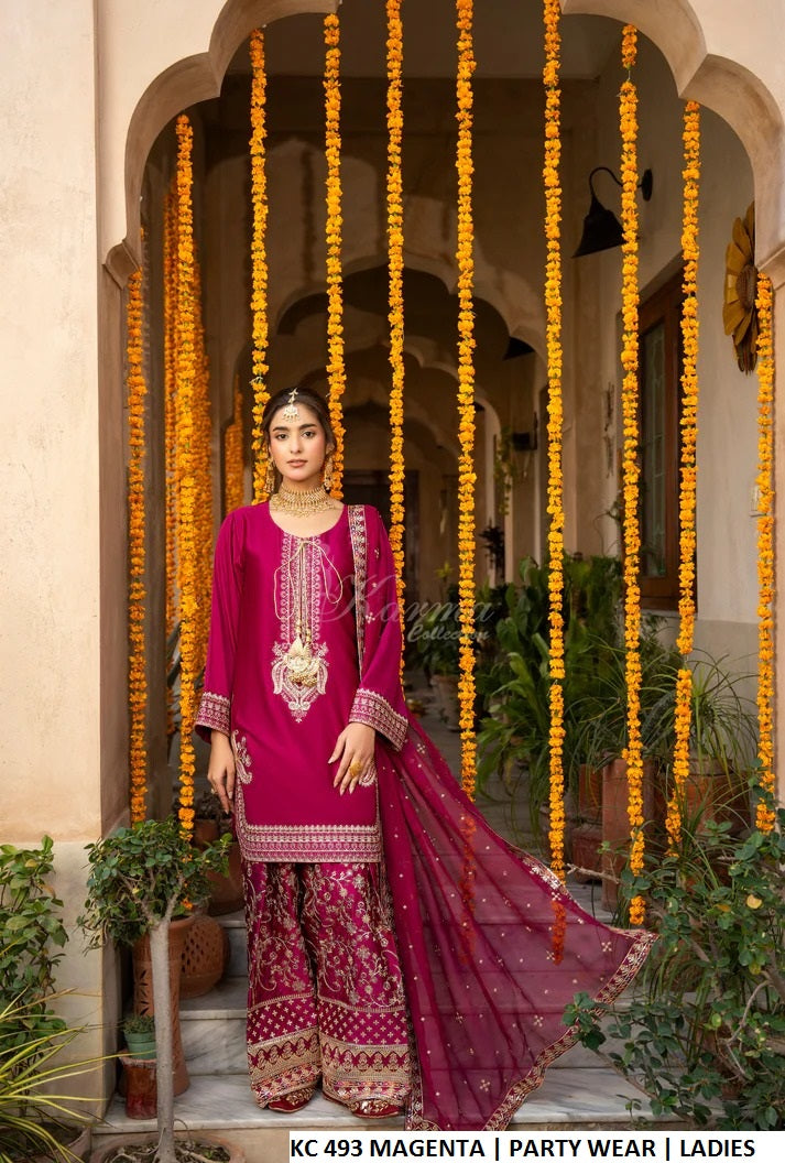 Silk long kaftan plazo magenta - Pakistani women's luxury formal wear with silk dupatta front view