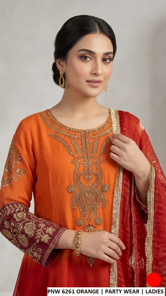 Orange chiffon Pakistani women's frock with plazo side view