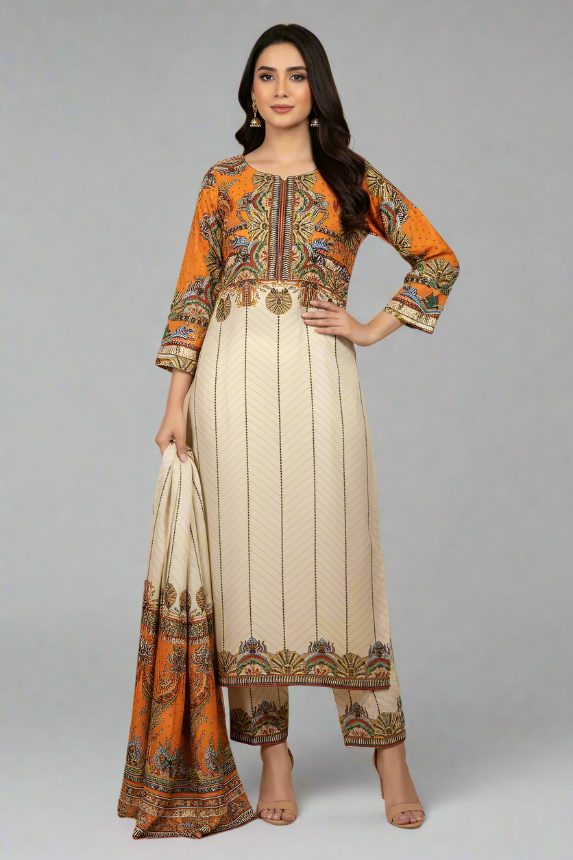 Lawn 2-piece printed - Pakistani women's casual summer outfit with cotton trouser and lawn dupatta front view