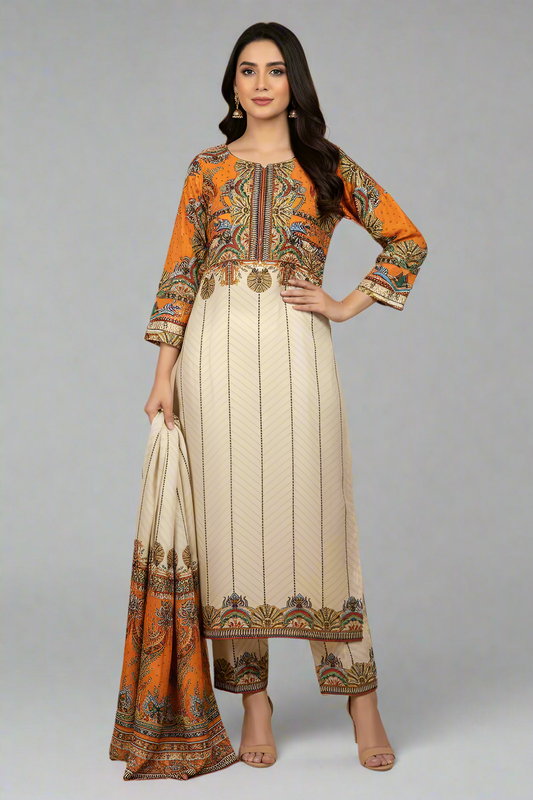 Lawn 2-piece printed - Pakistani women's casual summer outfit with cotton trouser and lawn dupatta front view