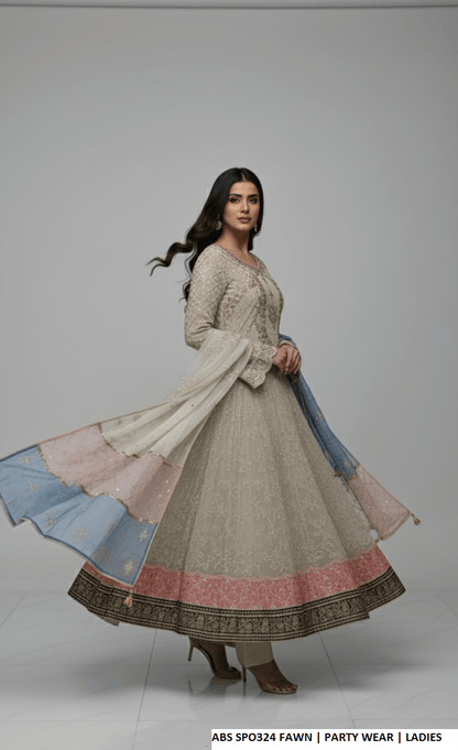 Pakistani women's fawn chiffon straight shirt plazo detail view