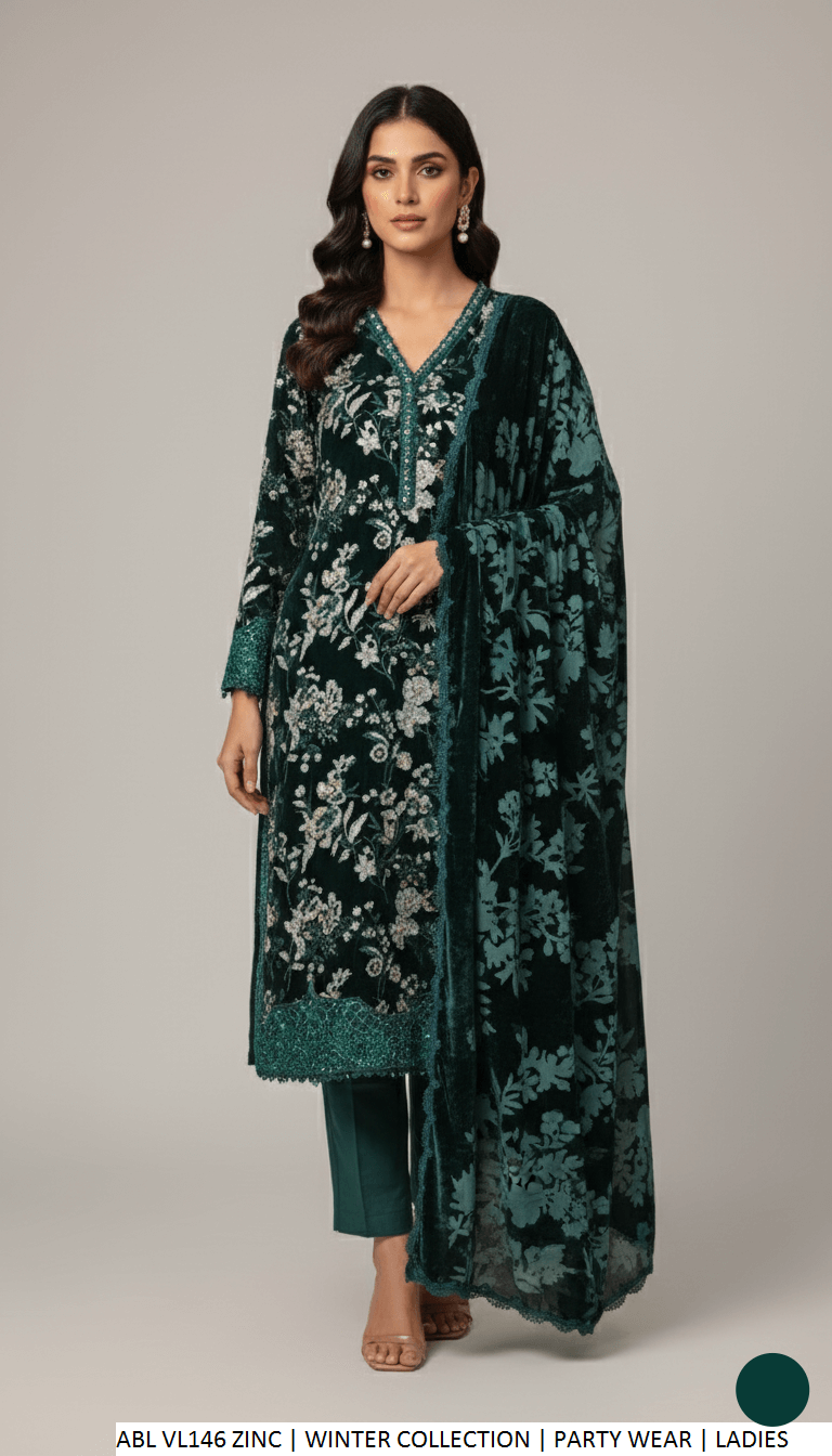 Velvet A-Line shirt zinc grey - Pakistani women's winter formal wear with viscose trouser and palachi shawl front view