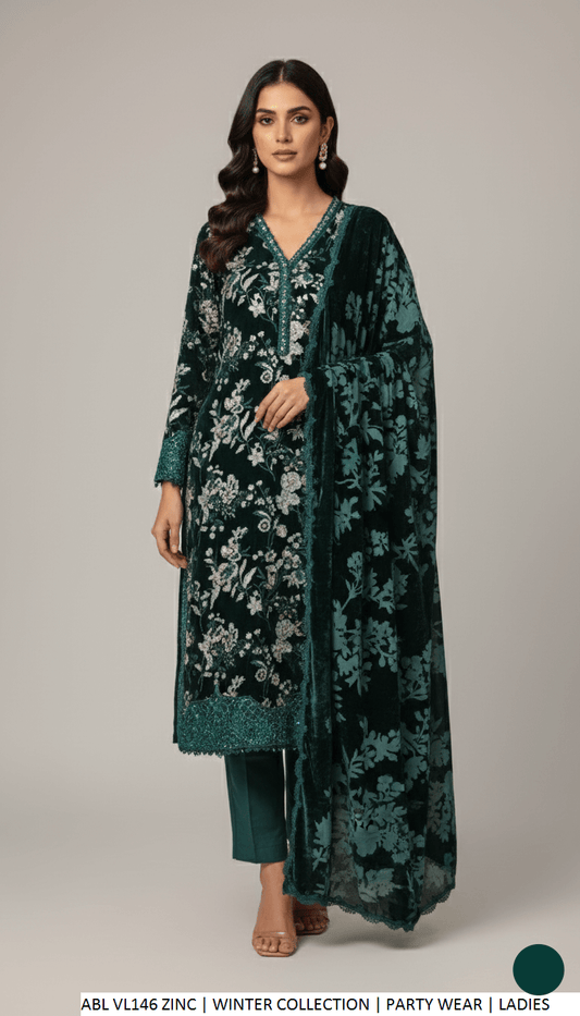 Velvet A-Line shirt zinc grey - Pakistani women's winter formal wear with viscose trouser and palachi shawl front view
