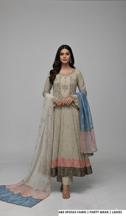 Chiffon straight shirt plazo fawn - Pakistani women's party wear with viscose plazo and organza dupatta front view